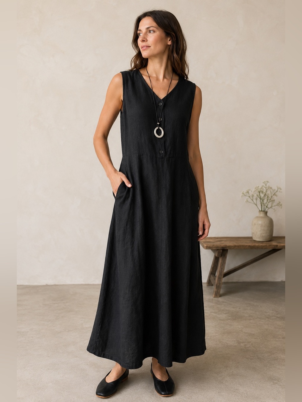 Vintage Flax By Jeanne Engelhart Black Maxi Linen Dress Sz L Lagenlook Pocket